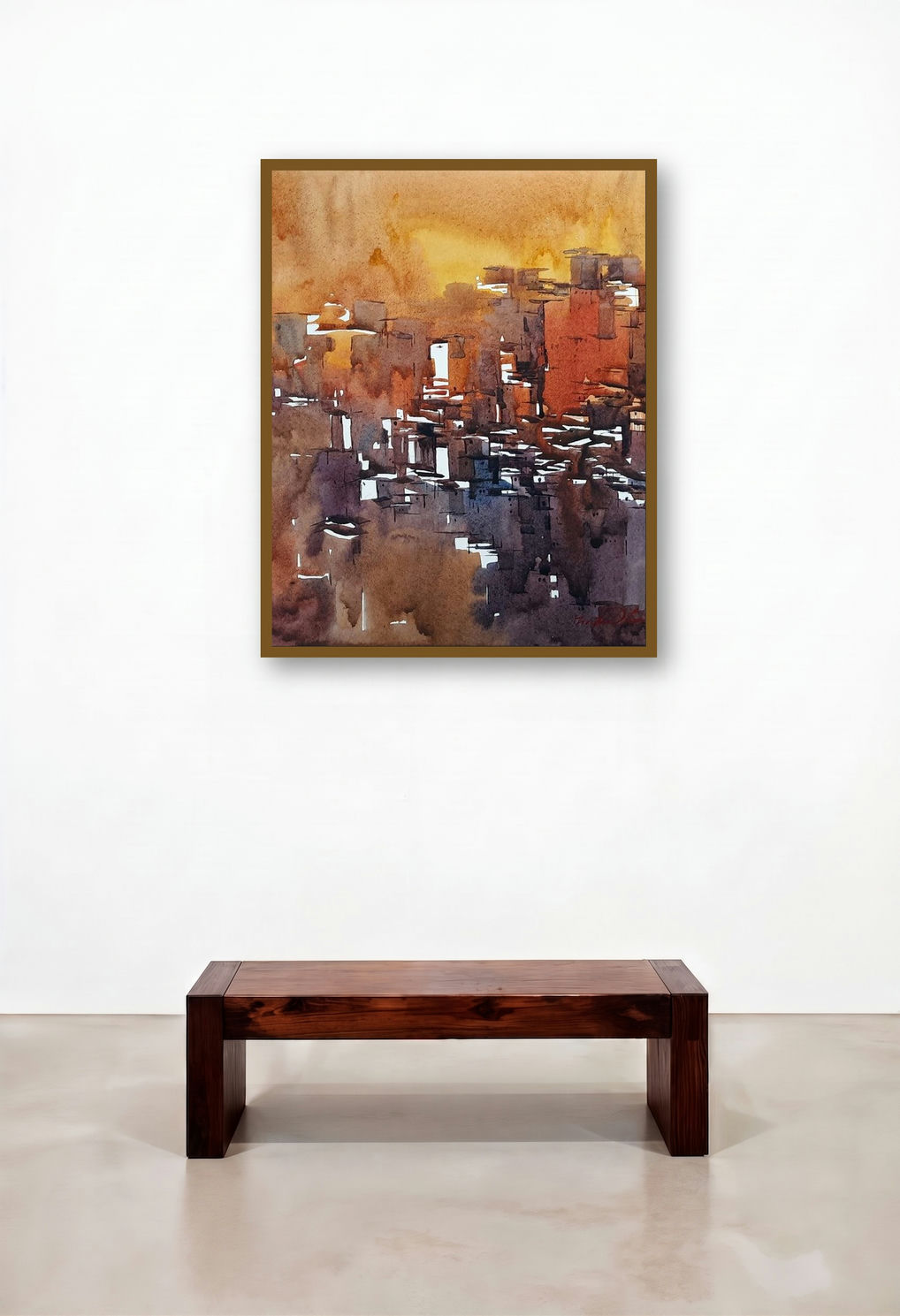 Untitled 20 (Golden Cityscape) by artist Solomon Rajendiran displayed in a Japandi Study