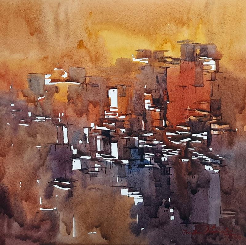 Landscape watercolor painting titled 'Untitled 20', 11x11 inches, by artist Solomon Rajendiran on Puff Sheet