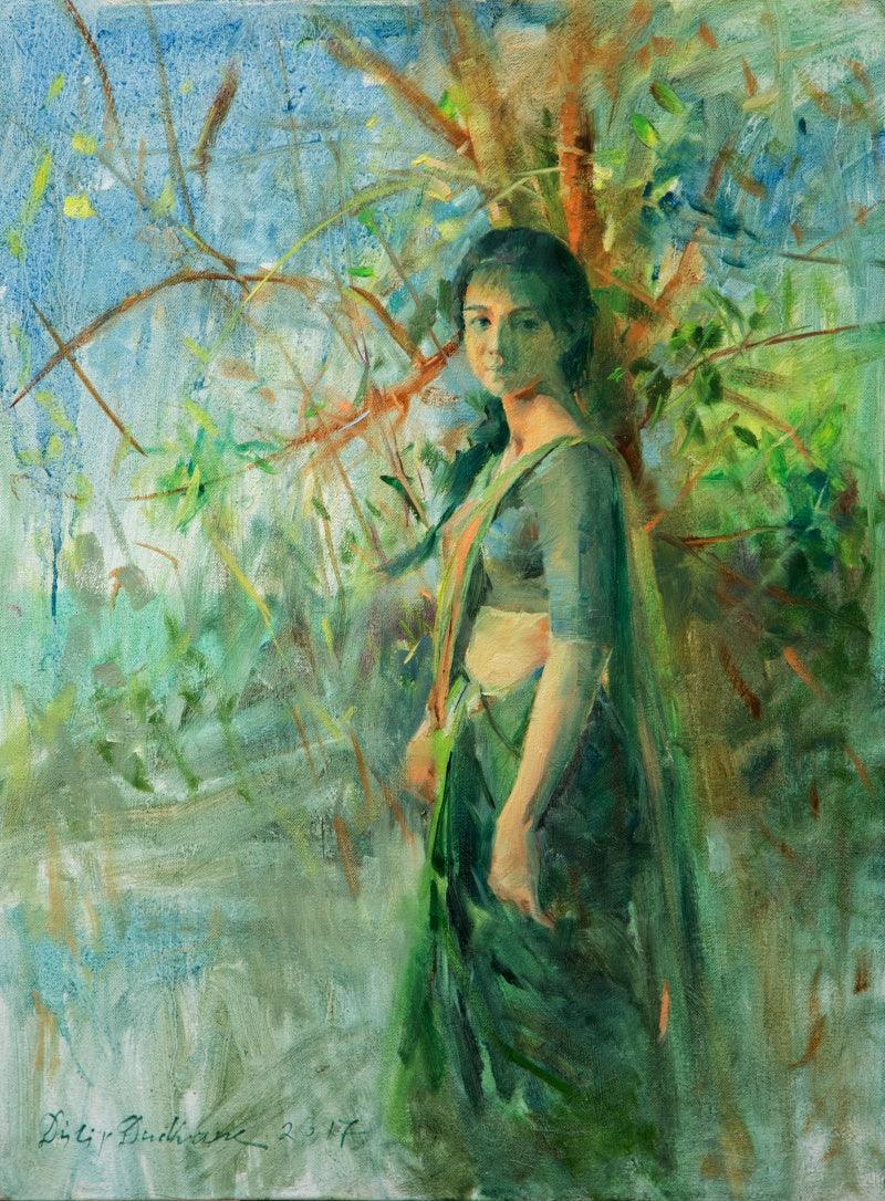 Figurative oil painting titled 'Untitled 20', 24x16 inches, by artist Dilip Dudhane on Canvas