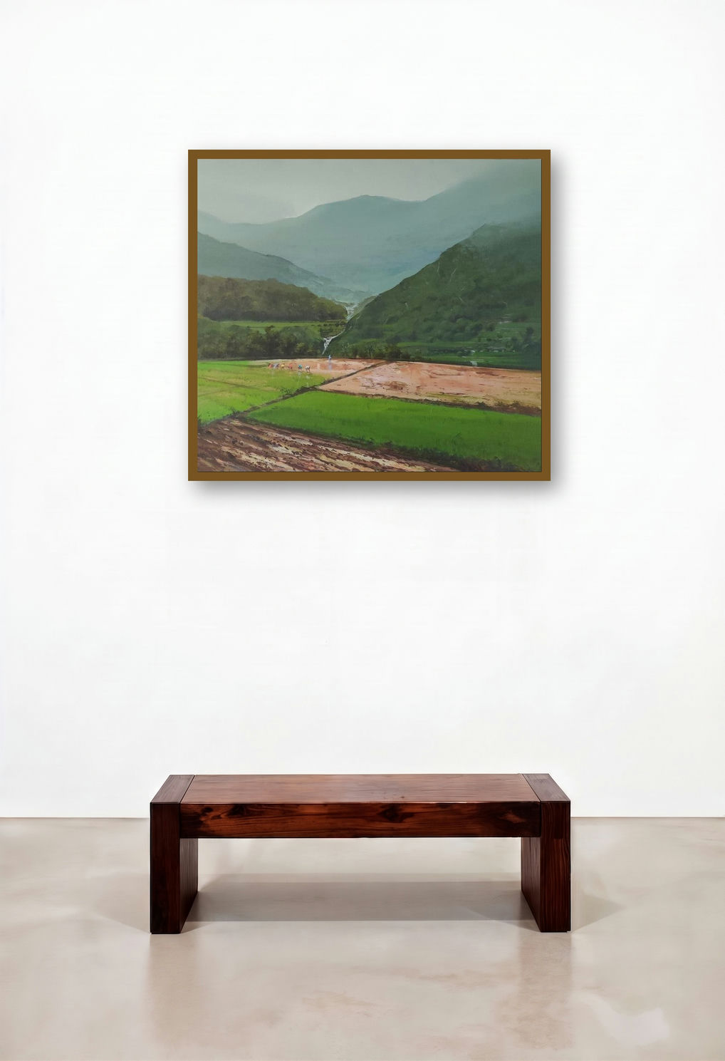 Untitled 20 (A Day in the Fields) by artist Mangesh Shinde displayed in a Mid-Century Modern Hotel Lobby