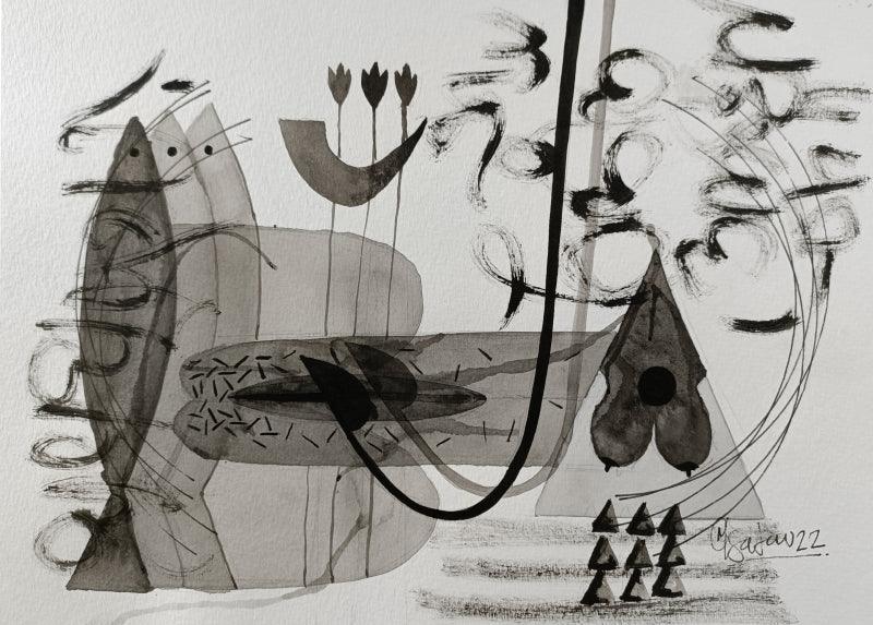 Abstract acrylic painting titled 'Untitled 205', 8x11 inches, by artist Narendra Jatav on Paper