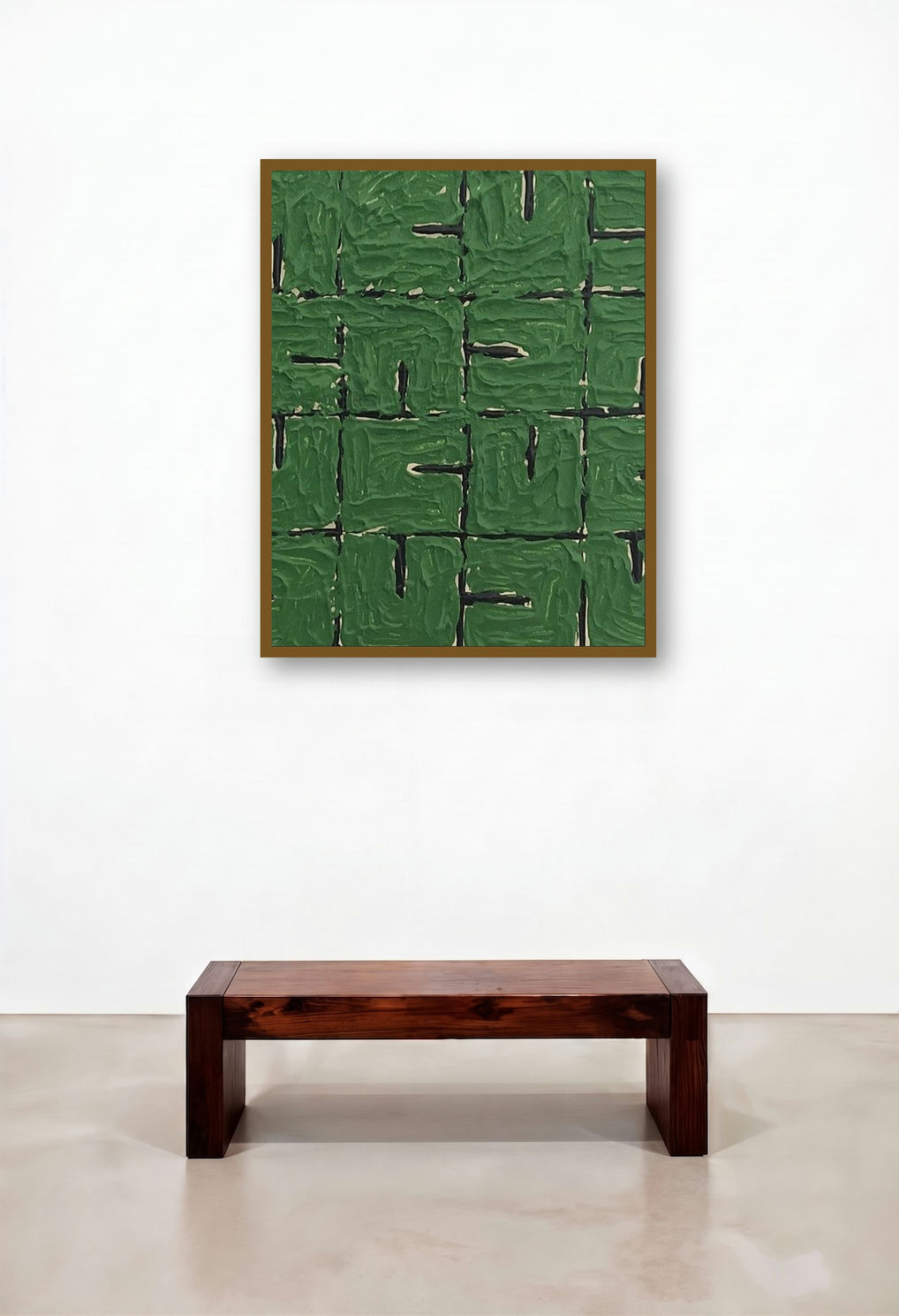 Untitled 21 (Green Grid**) by artist Sunny Malwatkar displayed in a Modern Library