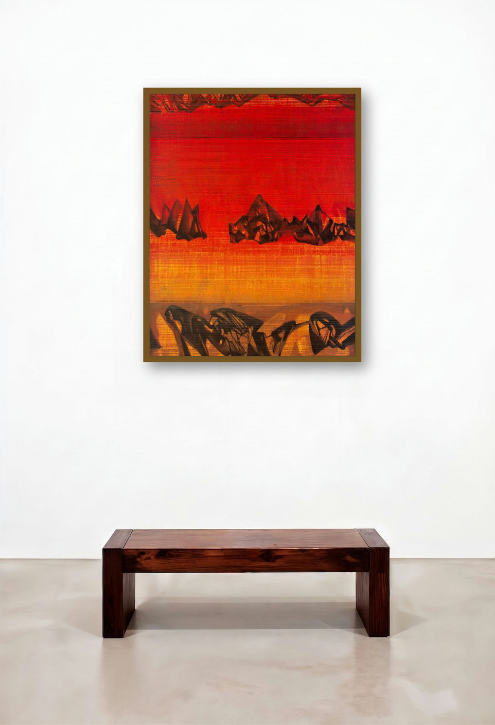 Untitled 21 (Crimson Horizon) by artist Chandan Bhowmick displayed in a Rustic Executive Office
