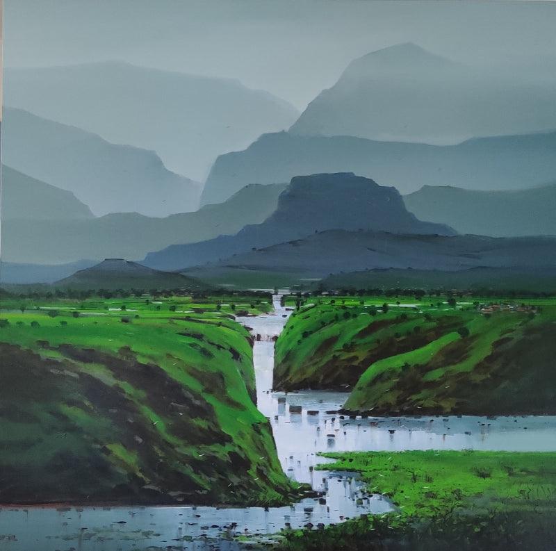 Landscape acrylic painting titled 'Untitled 21', 60x60 inches, by artist Mangesh Shinde on Canvas