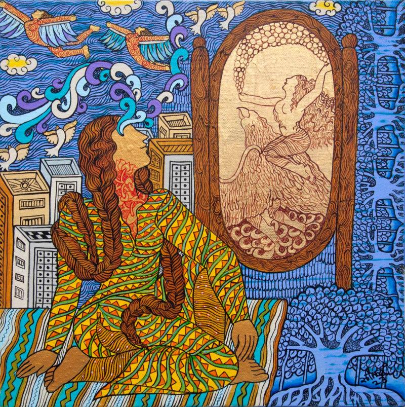 contemporary mixed media painting titled 'Untitled 21', 12x12 inches, by artist Seema Kohli on Canvas