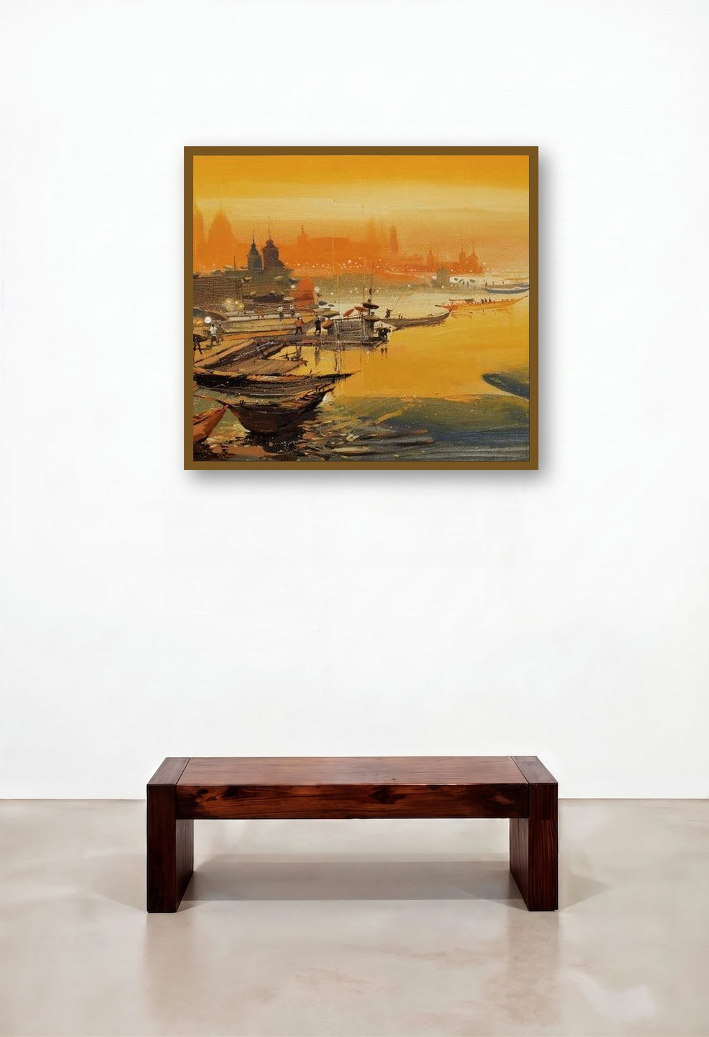 Untitled 22 (Twilight on the Ganges) by artist Hari Dhongade displayed in a Rustic Hallway