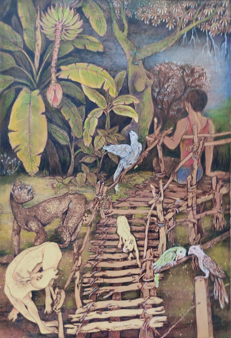 Figurative mixed media painting titled 'Untitled 23', 19x15 inches, by artist Gouri Vemula on Paper