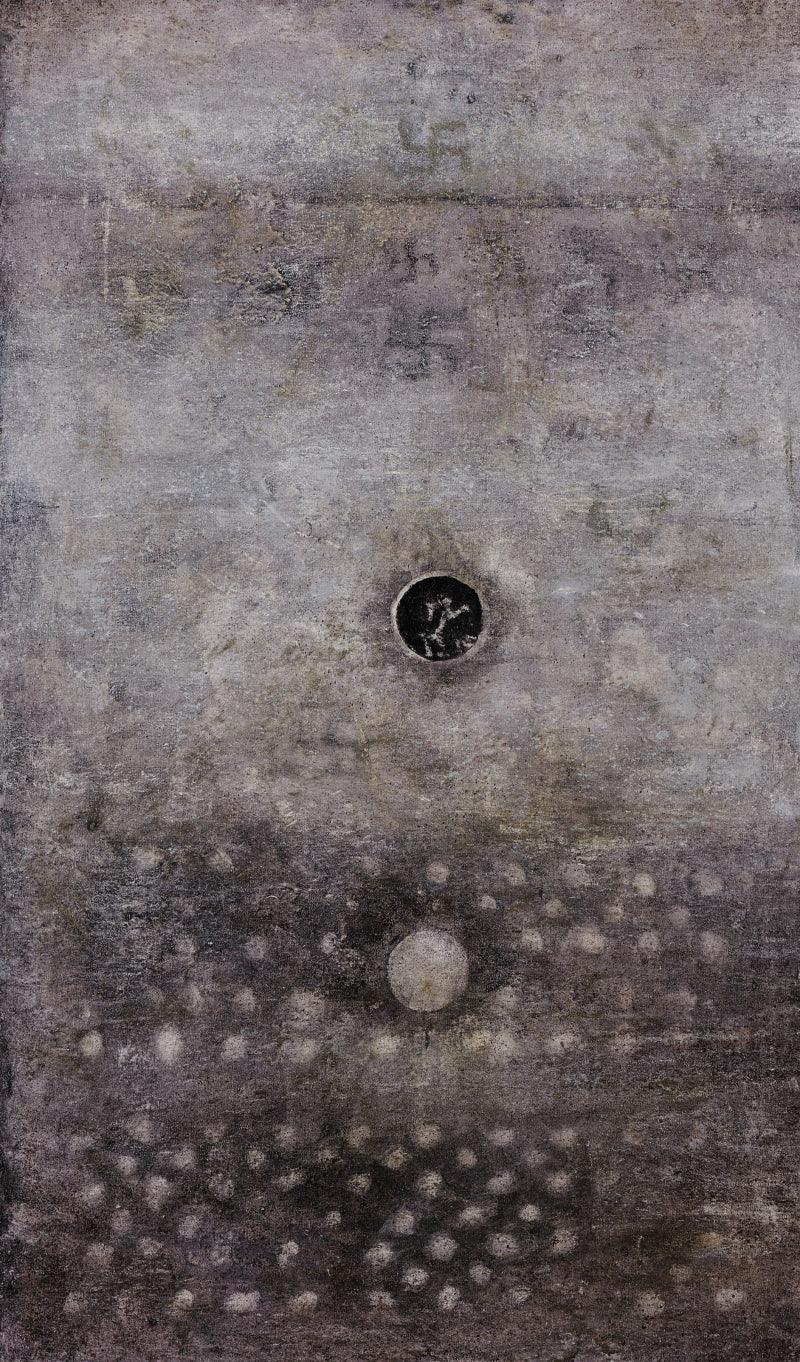 Abstract oil painting titled 'Untitled 23', 57x33 inches, by artist Ramesh Thorat on Canvas