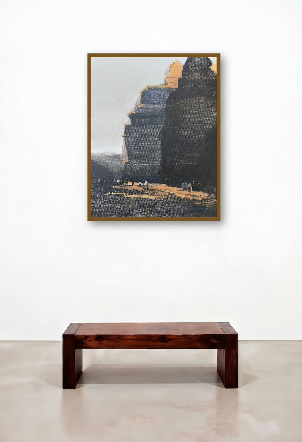 Untitled 23 (Dawn at the Ghat) by artist Hari Dhongade displayed in a Traditional Family Room