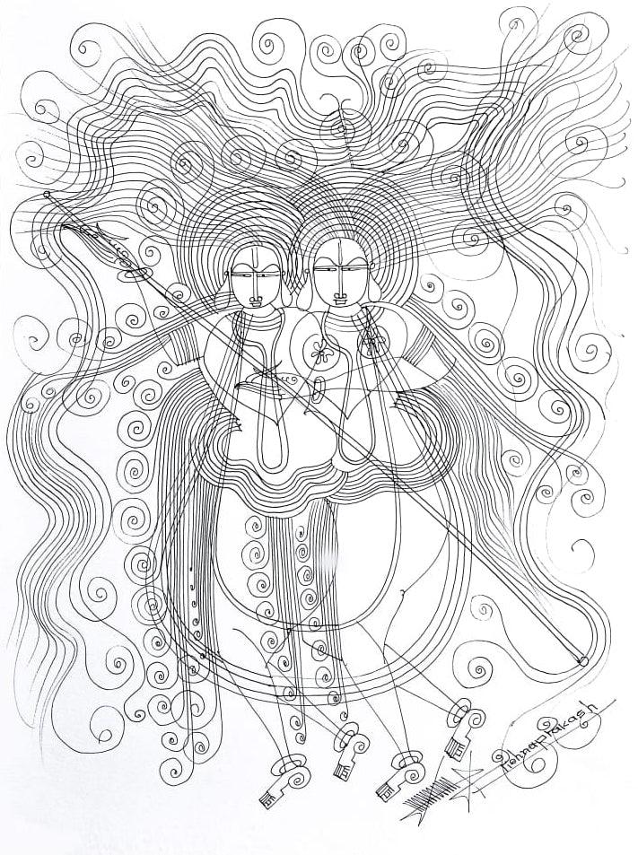 Religious mixed media drawing titled 'Untitled 24', 16x12 inches, by artist Krishnaprakash Vasant Martand on Canson Paper
