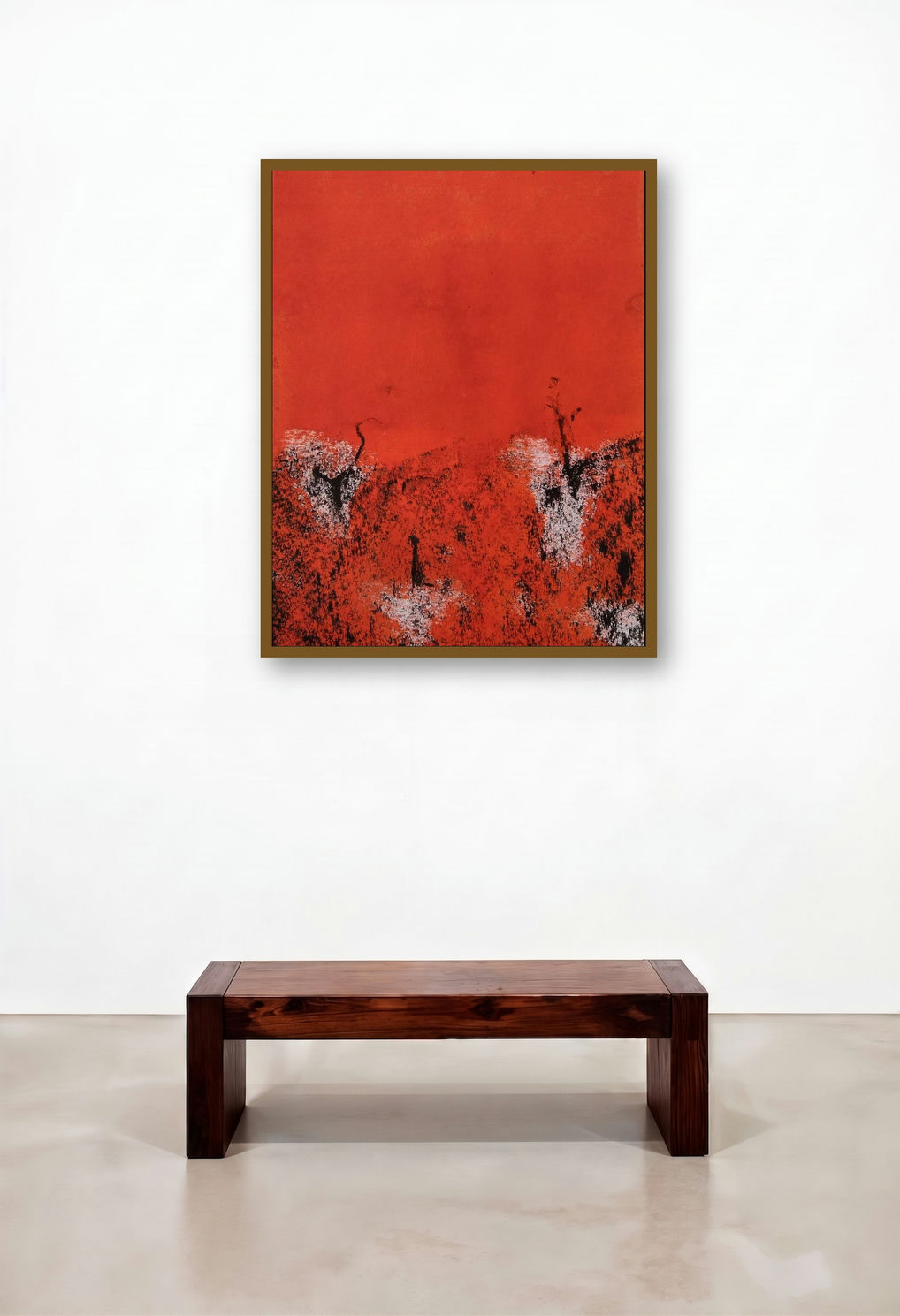 Untitled 24 (Crimson Horizon) by artist Hemant Dhane displayed in a Minimalist Library