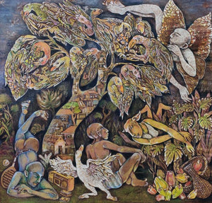 Figurative mixed media painting titled 'Untitled 24', 19x19 inches, by artist Gouri Vemula on Paper