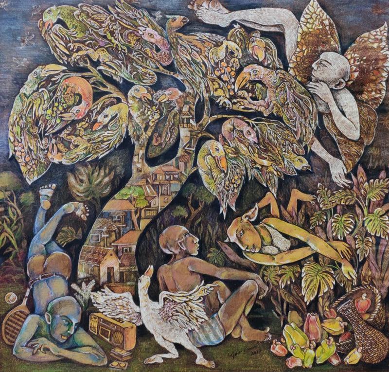 Figurative mixed media painting titled 'Untitled 24', 19x19 inches, by artist Gouri Vemula on Paper