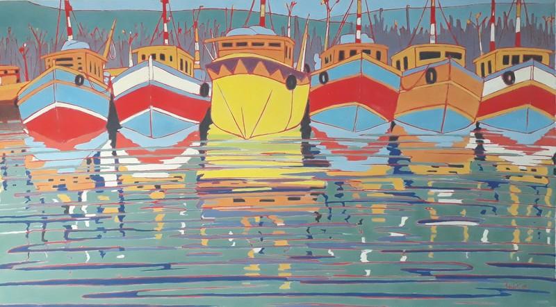 Seascape tempera painting titled 'Untitled 25', 20x30 inches, by artist Sujit Das on Cloth