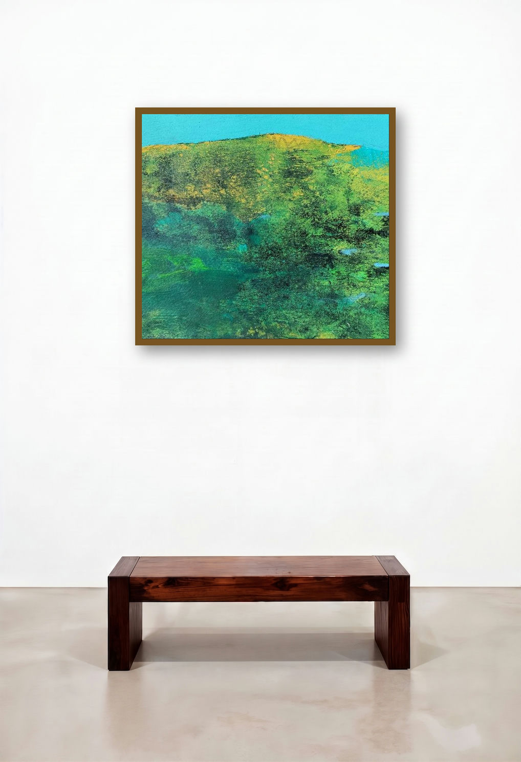 Untitled 27 (A Serene Landscape) by artist Makarand Rane displayed in a Mid-Century Modern Living Room