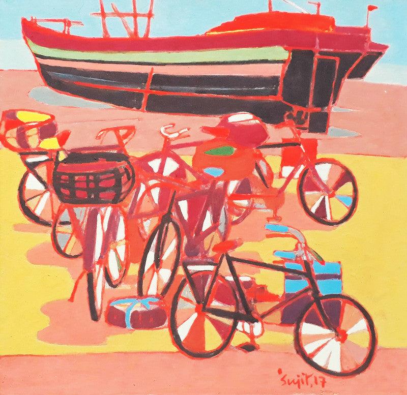 Cityscape tempera painting titled 'Untitled 29', 10x10 inches, by artist Sujit Das on Cloth