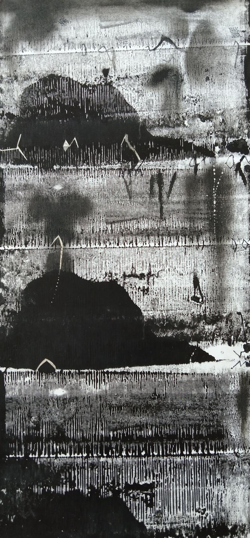 Abstract acrylic painting titled 'Untitled 3', 15x7 inches, by artist Hemant Dhane on Paper