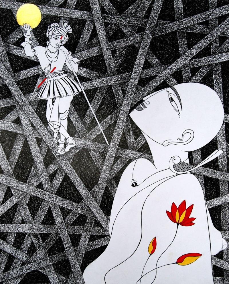 Religious mixed media drawing titled 'Untitled 3', 28x22 inches, by artist Dalip Chandolia on Paper