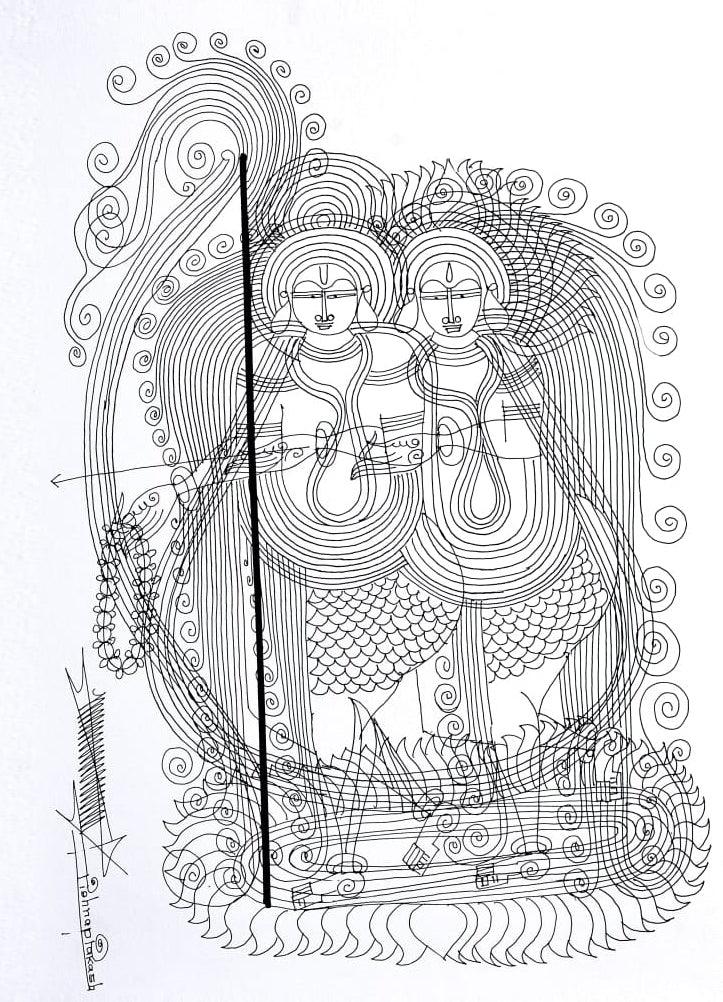 Religious mixed media drawing titled 'Untitled 3', 17x12 inches, by artist Krishnaprakash Vasant Martand on Canson Paper