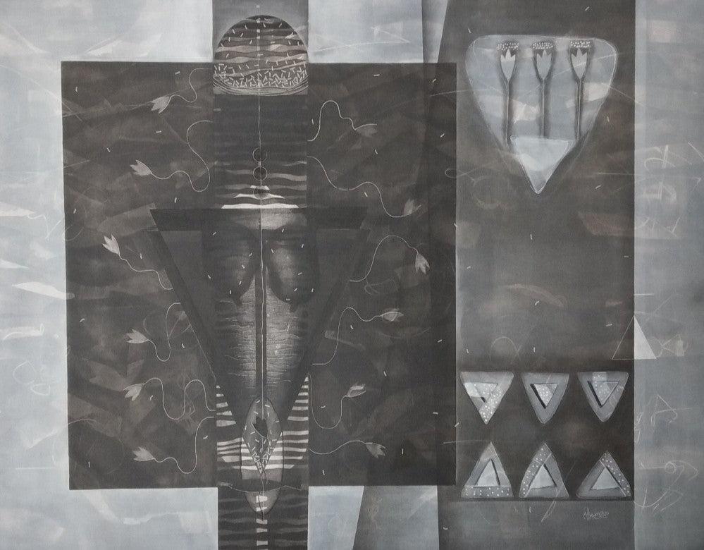 Abstract mixed media drawing titled 'Untitled 3', 48x60 inches, by artist Narendra Jatav on Canvas