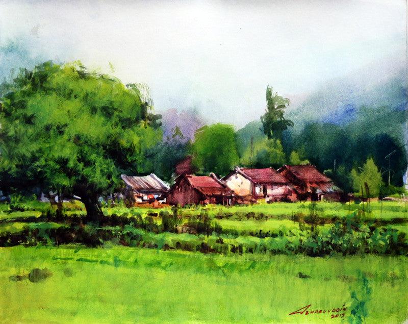 Landscape watercolor painting titled 'Untitled 3', 9x12 inches, by artist Azharuuddin Inamdar on Paper