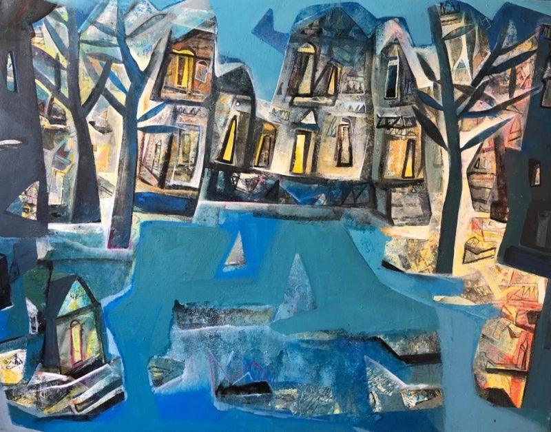 Cityscape acrylic painting titled 'Untitled 3', 42x54 inches, by artist Tapas Ghosal on Canvas