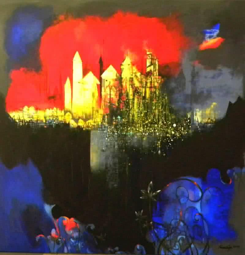 Abstract acrylic painting titled 'Untitled 3', 57x57 inches, by artist Pradip Sengupta on Canvas