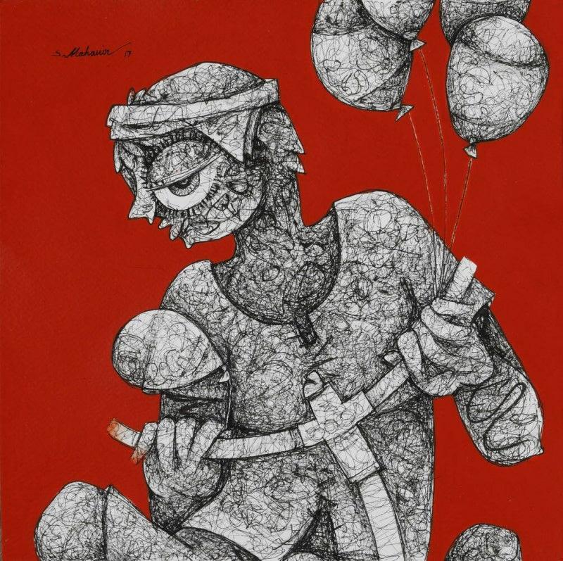 Figurative acrylic ink painting titled 'Untitled 3', 10x10 inches, by artist Mahavir Verma on paper