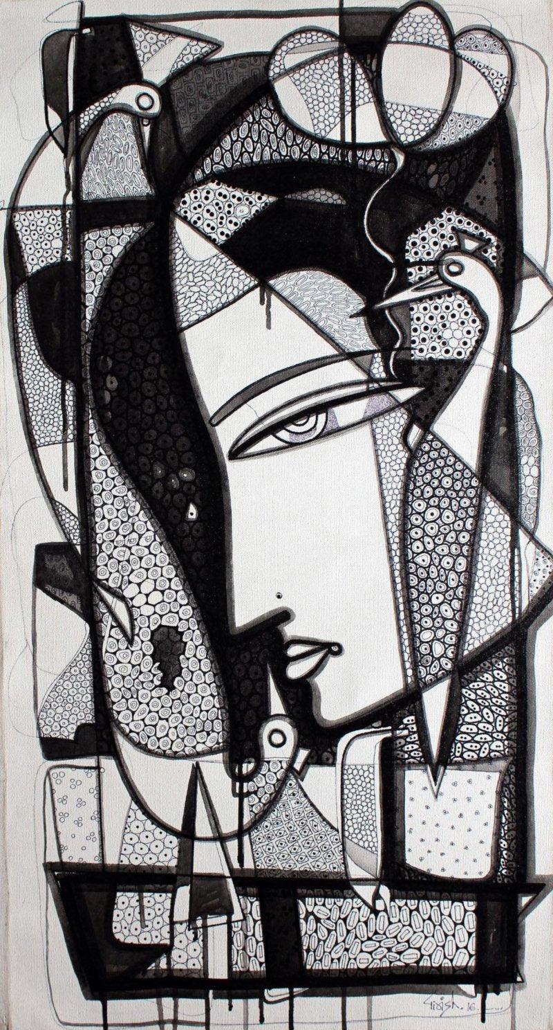 Figurative ink drawing titled 'Untitled 3', 18x34 inches, by artist Girish Adannavar on Canvas