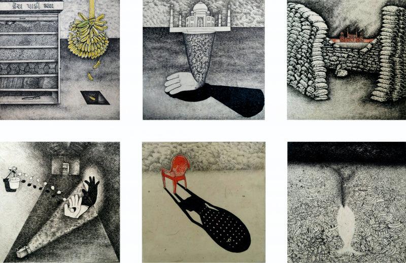 contemporary pen ink painting titled 'Untitled 3', 8x8 inches, by artist Bharat Dodiya on Canvas, Rice Paper