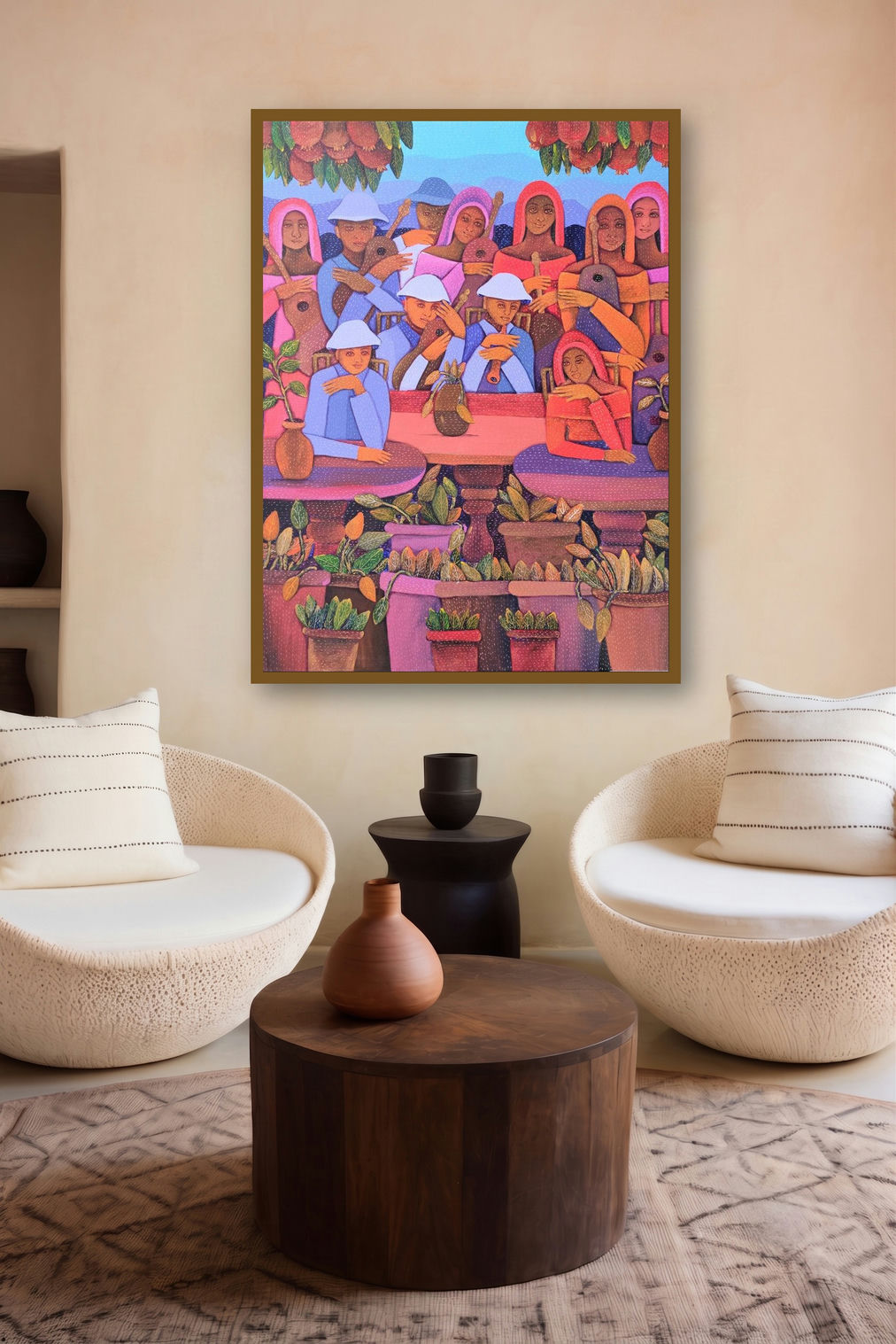 Untitled 3 (Garden of Sound) by artist Sadaf Beg Khan displayed in a Mid-Century Modern Living Room