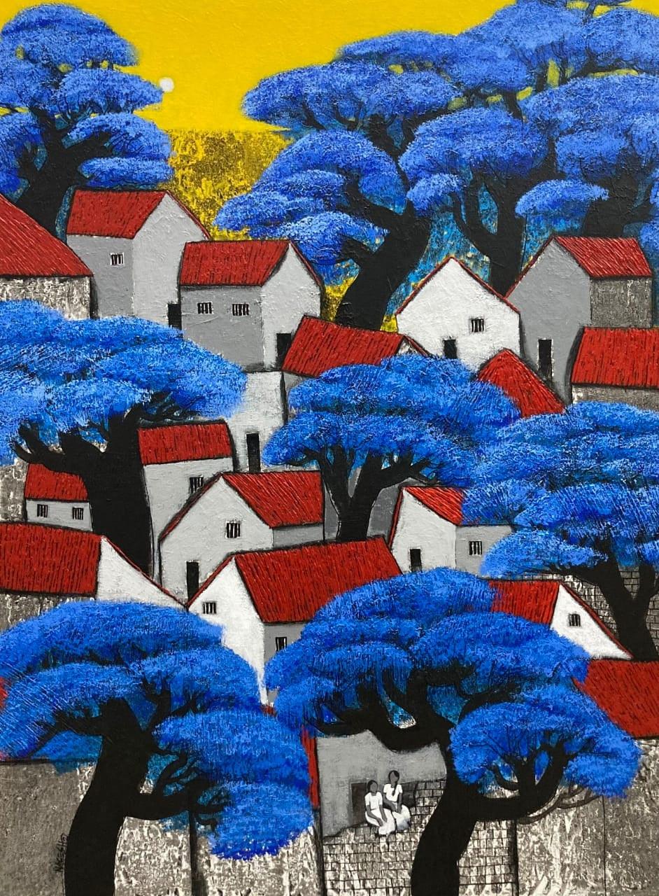 Cityscape acrylic painting titled 'Untitled 3', 48x36 inches, by artist Nagesh Ghodke on Canvas