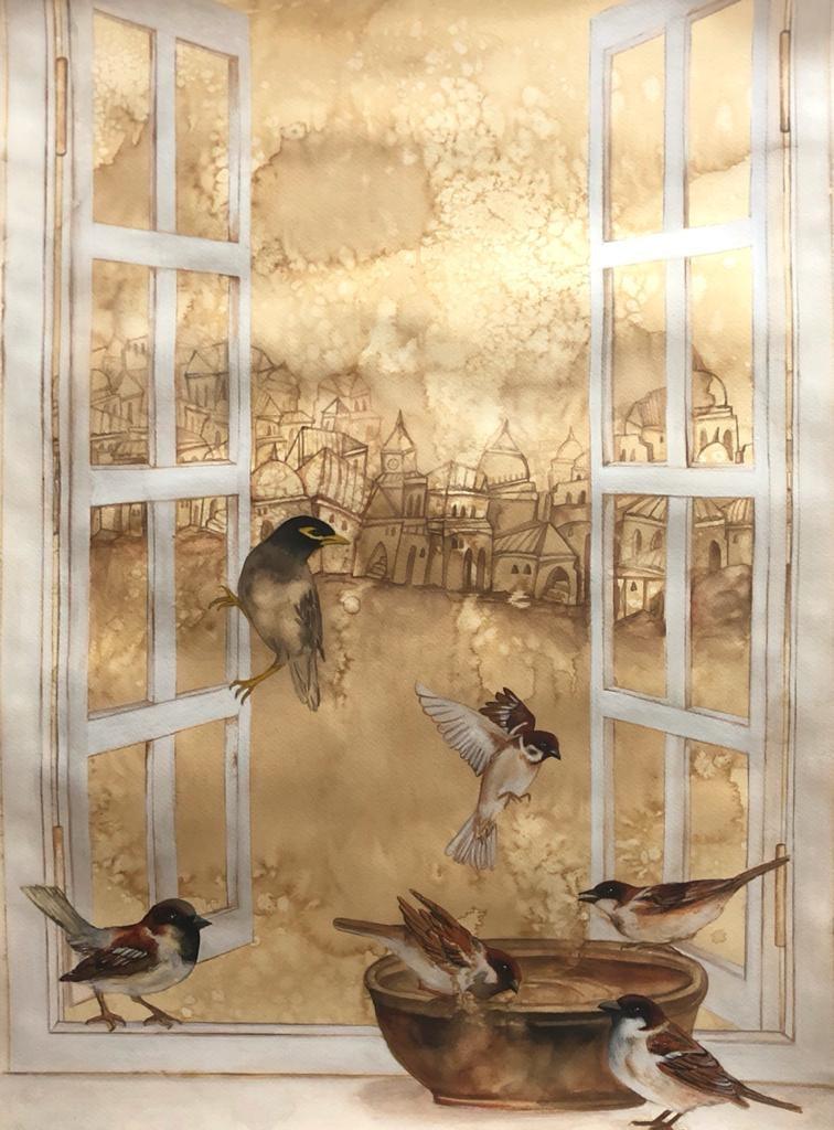 Animals coffee & watercolor painting titled 'Untitled 3', 29x20 inches, by artist Afza Tamkanat on Acid Free Paper