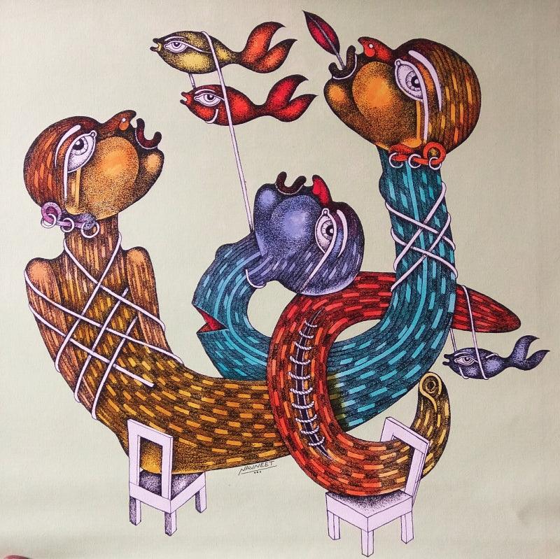 Figurative mixed media painting titled 'Untitled 3', 24x24 inches, by artist Navneet Rathod on Canvas