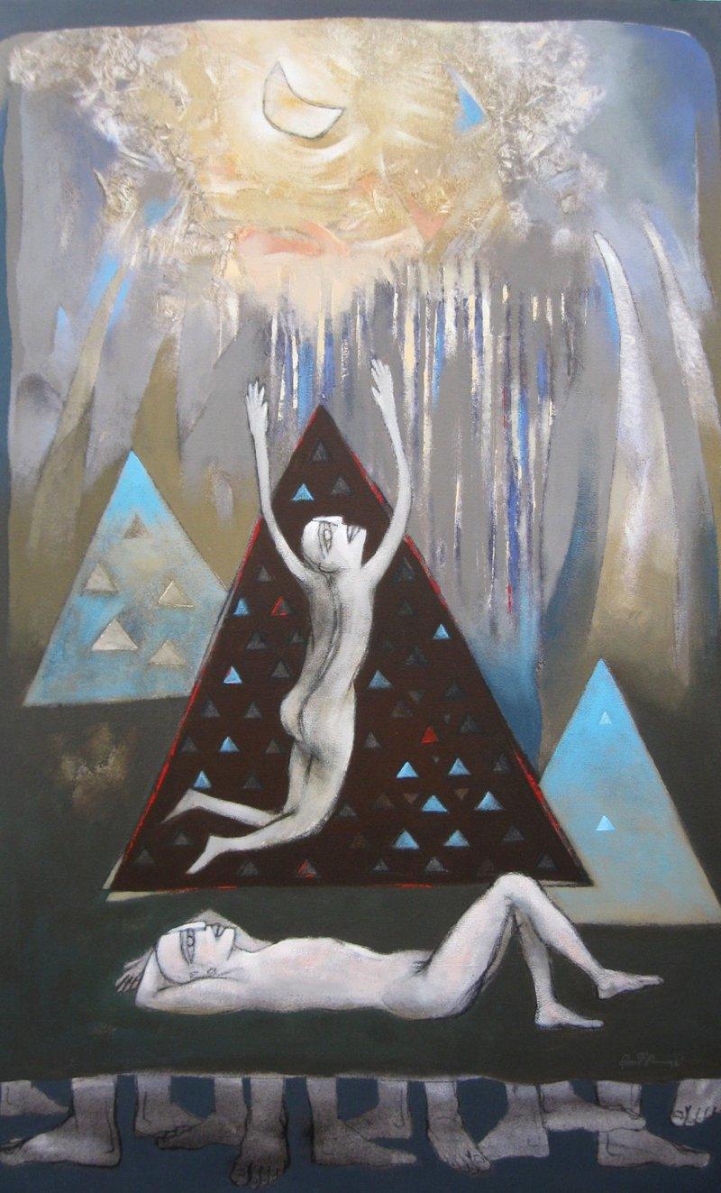 Figurative acrylic painting titled 'Untitled 3', 36x60 inches, by artist Pradip Kumar Sau on Canvas