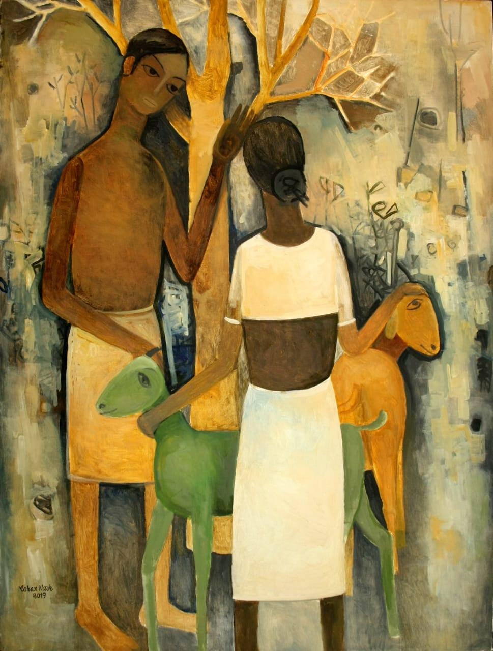 Figurative oil painting titled 'Untitled 3', 48x36 inches, by artist Mohan Naik on Canvas