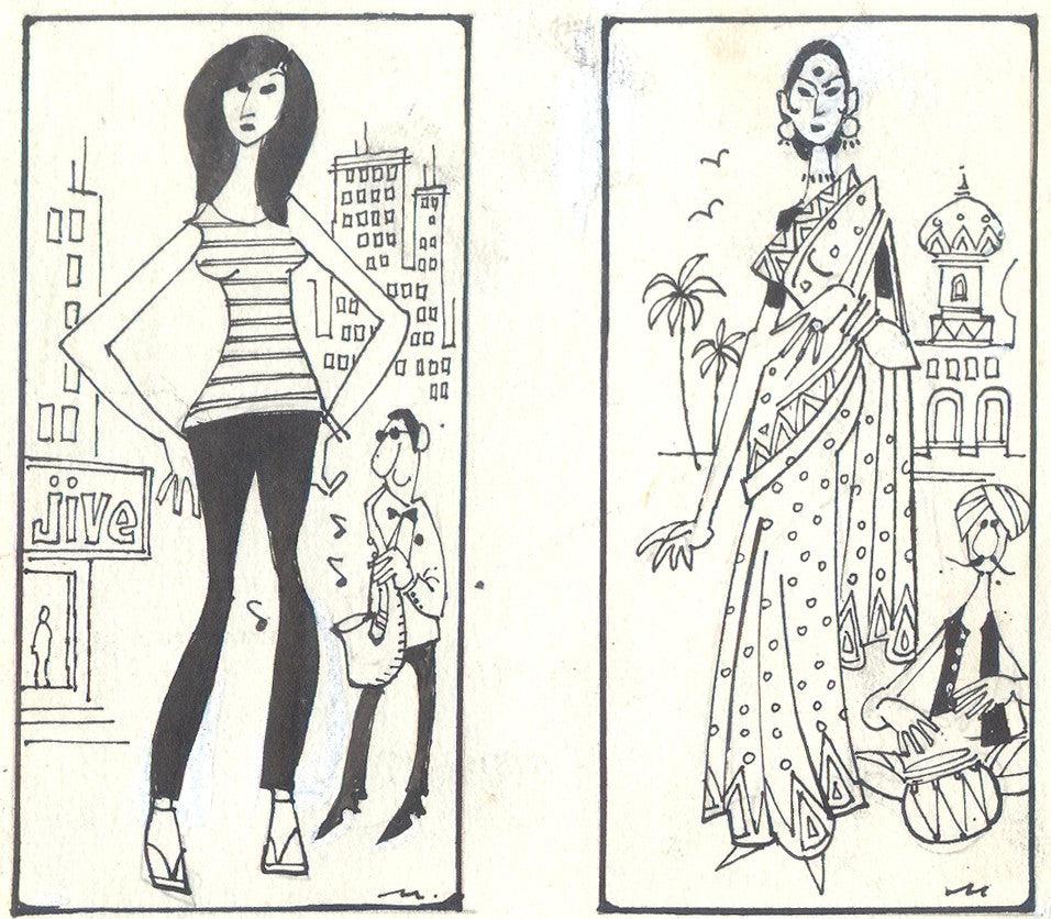 Figurative pen ink drawing titled 'Untitled 309', 4x2 inches, by artist Mario Miranda on Paper