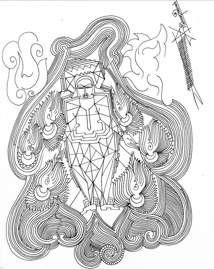 Religious mixed media drawing titled 'Untitled 31', 14x11 inches, by artist Krishnaprakash Vasant Martand on Canson Paper