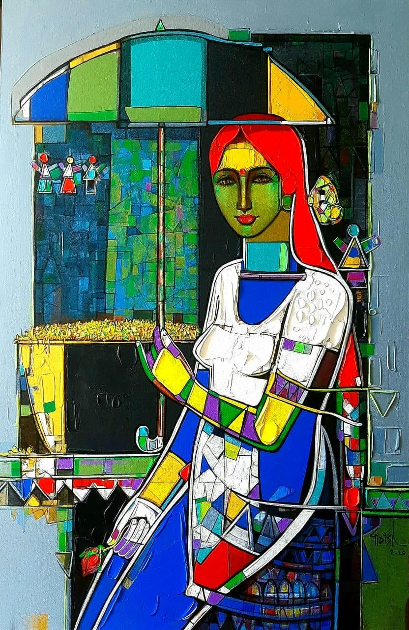 Figurative acrylic painting titled 'Untitled 33', 48x30 inches, by artist Girish Adannavar on Canvas