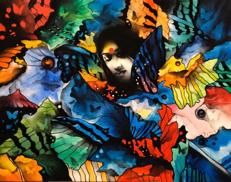 Figurative acrylic charcoal painting titled 'Untitled 4', 42x54 inches, by artist Ajay De on Canvas