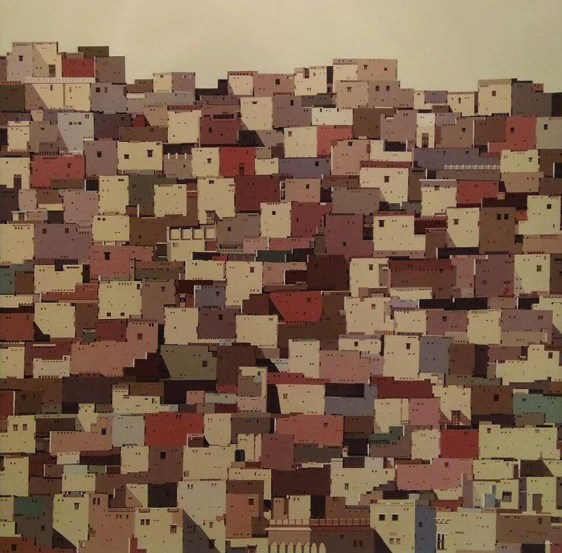 Cityscape acrylic painting titled 'Untitled 4', 72x72 inches, by artist Madan Pawar on Canvas