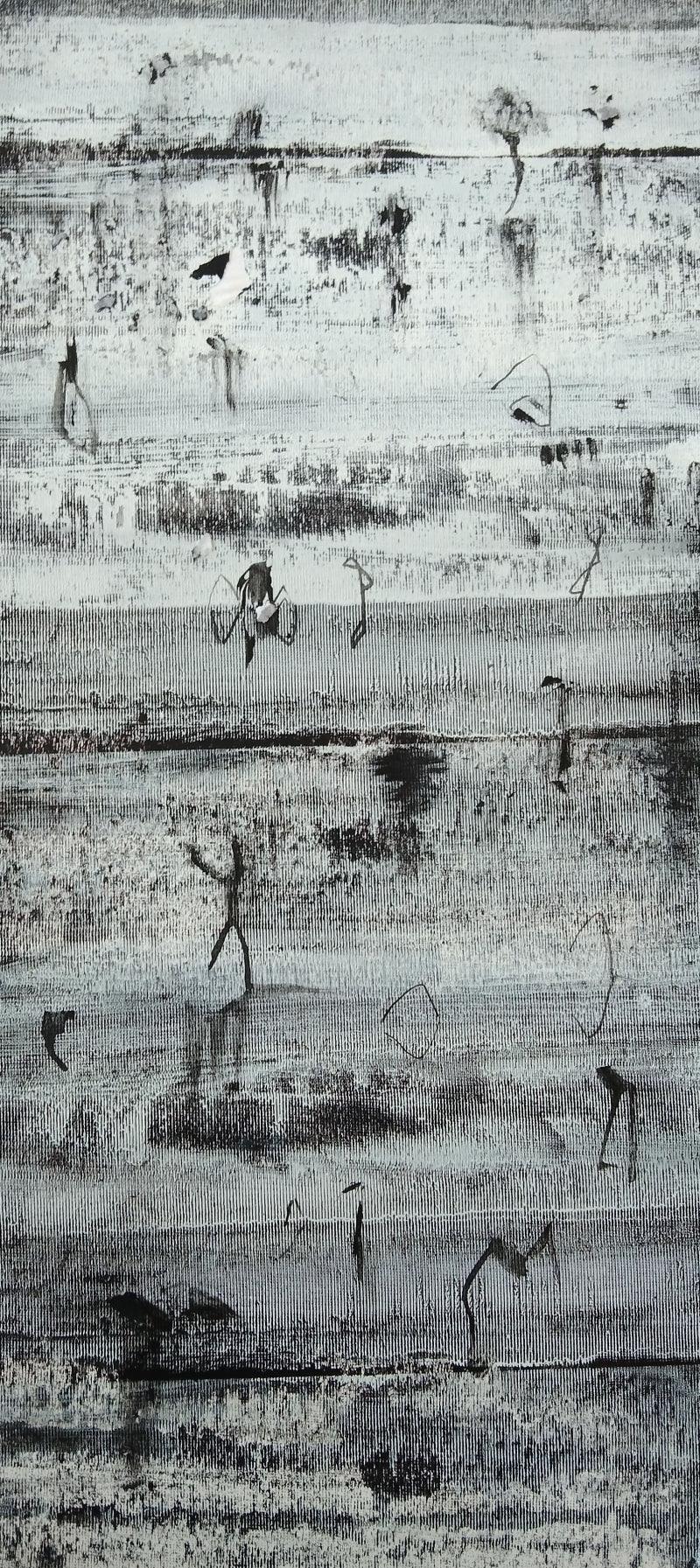 Abstract acrylic painting titled 'Untitled 4', 15x7 inches, by artist Hemant Dhane on Paper