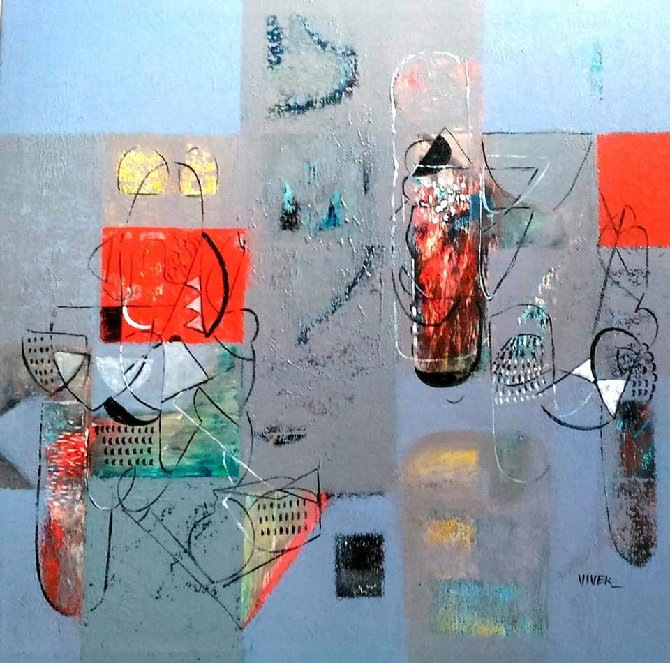 Abstract acrylic painting titled 'Untitled 4', 24x24 inches, by artist Vivek Nimbolkar on Canvas