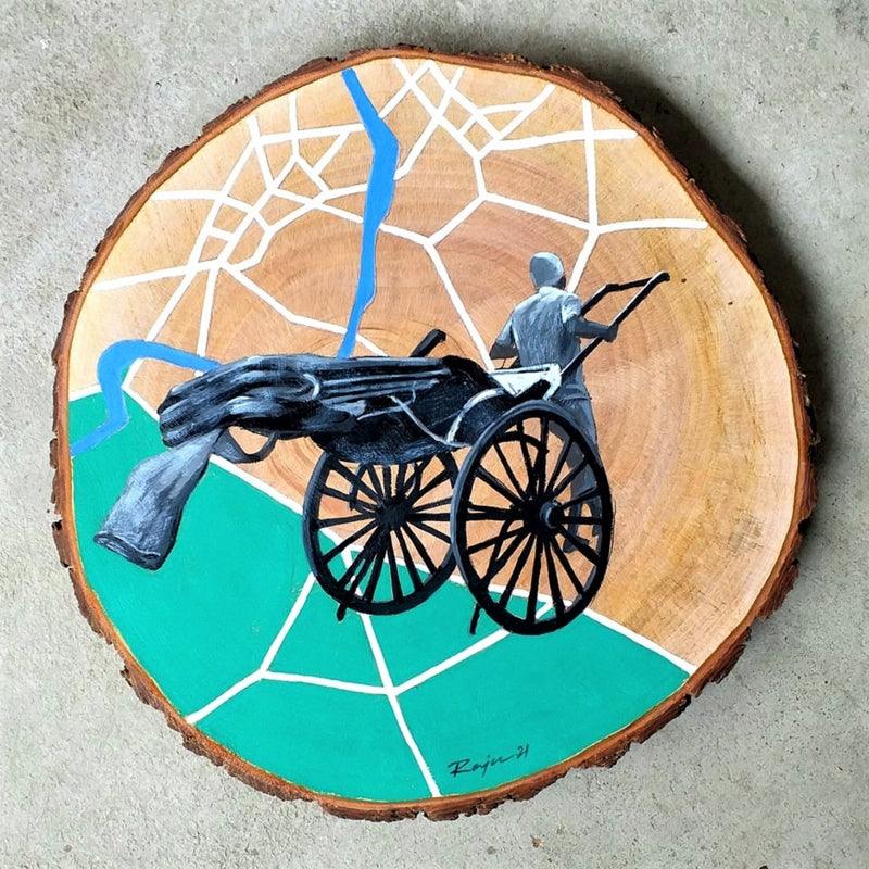 Transportation acrylic painting titled 'Untitled 4', 10x10 inches, by artist Raju Sarkar on Wood