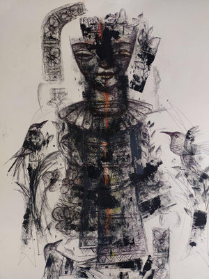 Figurative mixed media painting titled 'Untitled 4', 28x20 inches, by artist Sekhar Kar on Paper