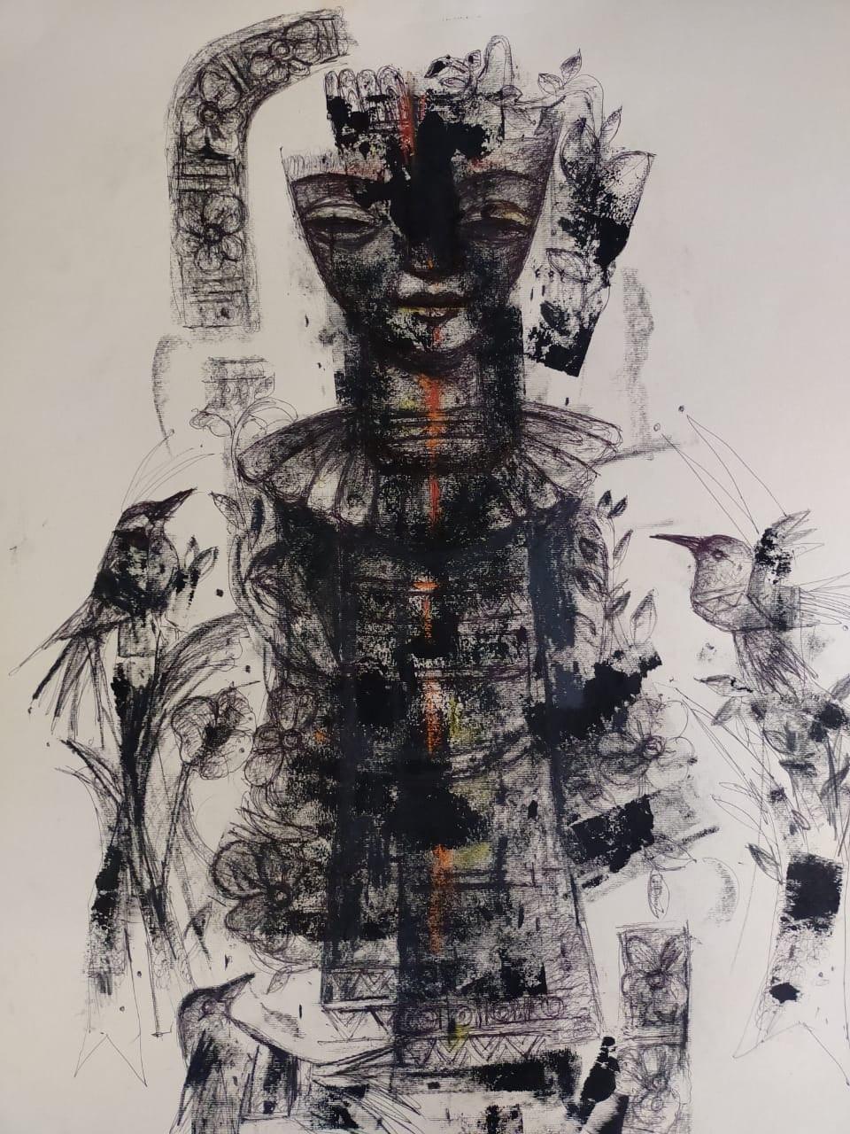 Figurative mixed media painting titled 'Untitled 4', 28x20 inches, by artist Sekhar Kar on Paper