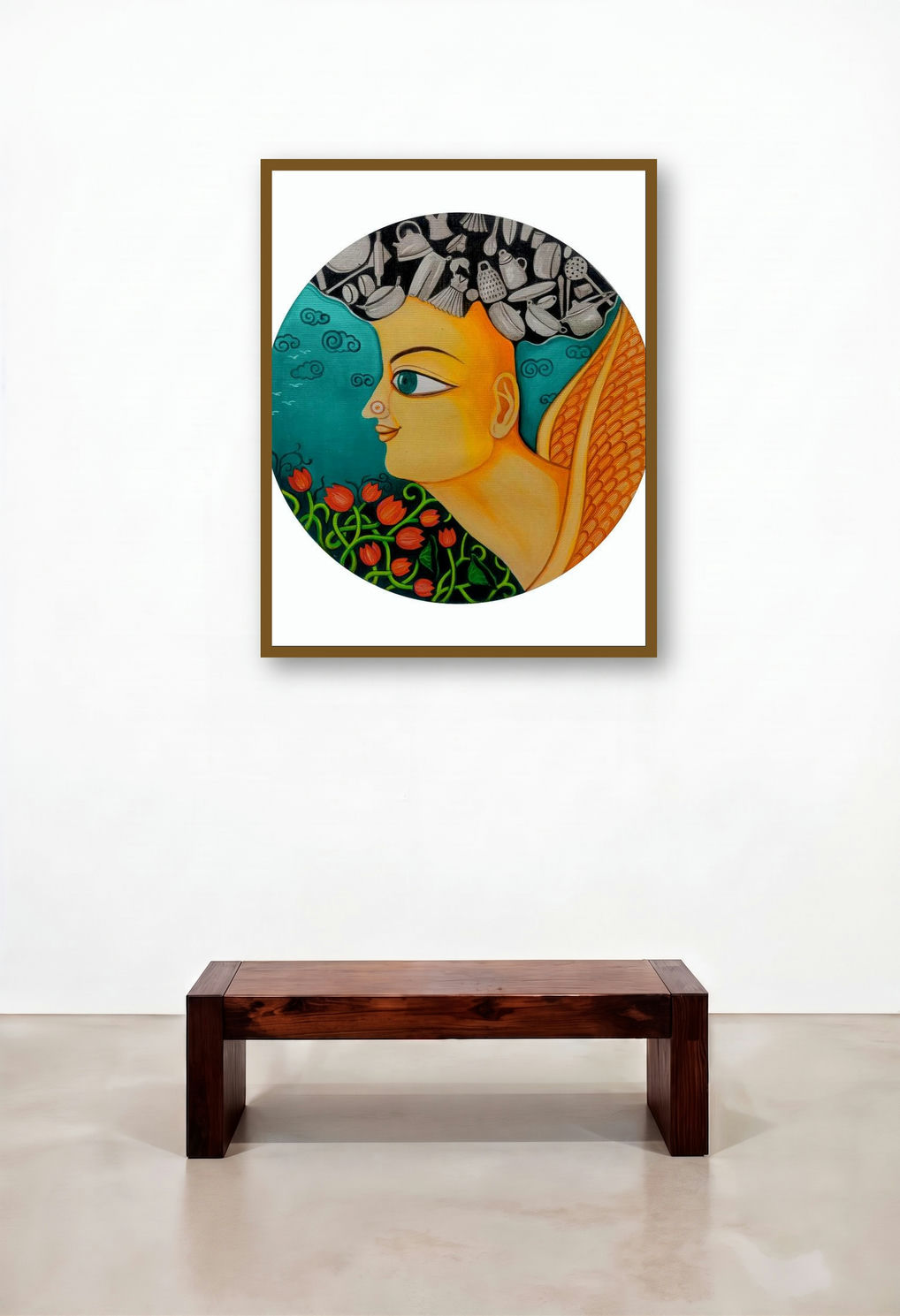 Untitled 4 (Domestic Dreams) by artist Meenakshi Jha Banerjee displayed in a Japandi Library