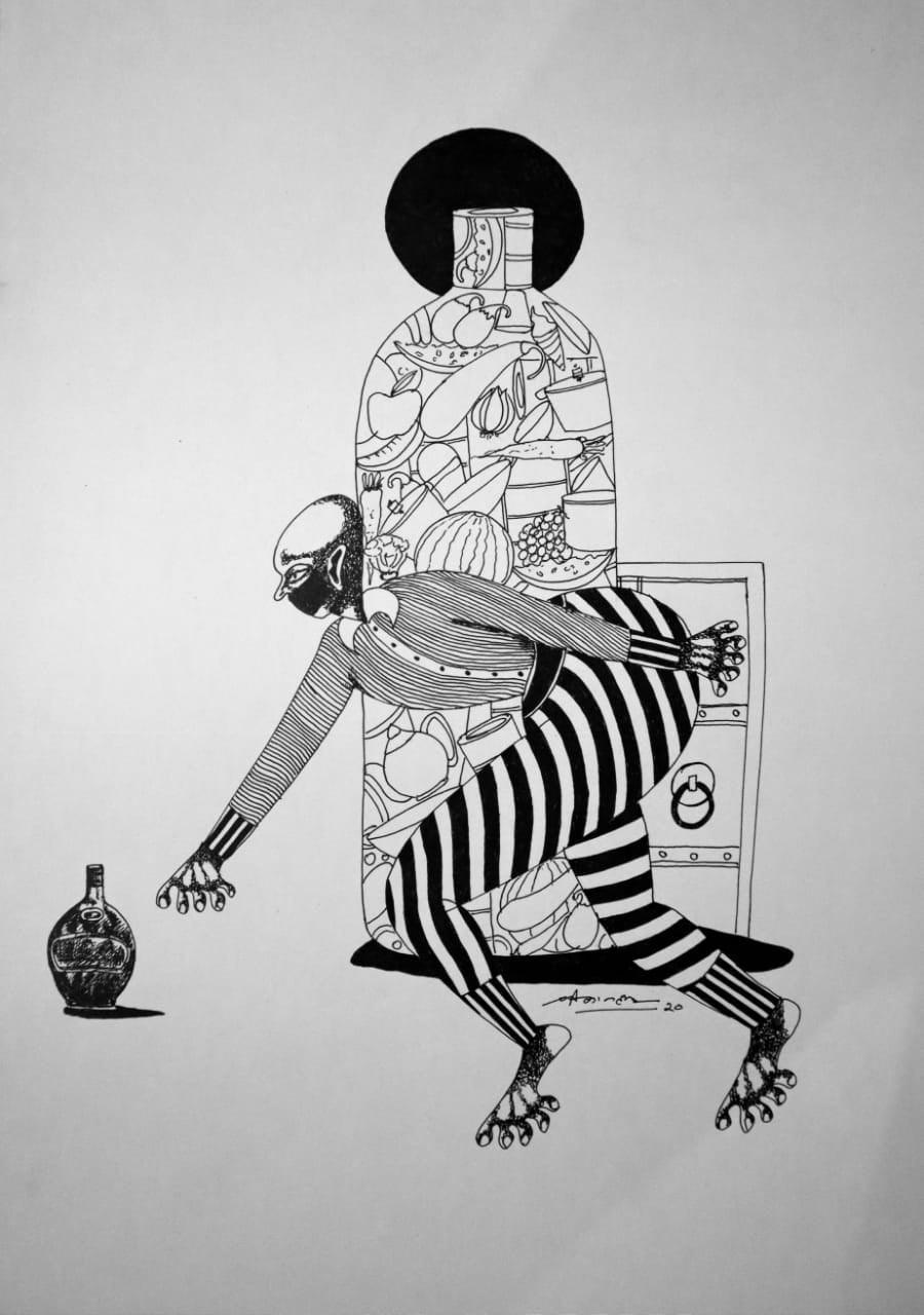 Figurative pen ink drawing titled 'Untitled 4', 17x13 inches, by artist Shrikant Ranga on Paper