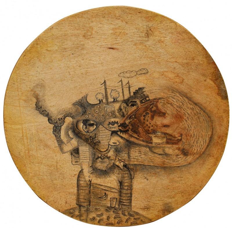 Figurative pen ink drawing titled 'Untitled 4', 10x10 inches, by artist Gopal Shinde on Wood