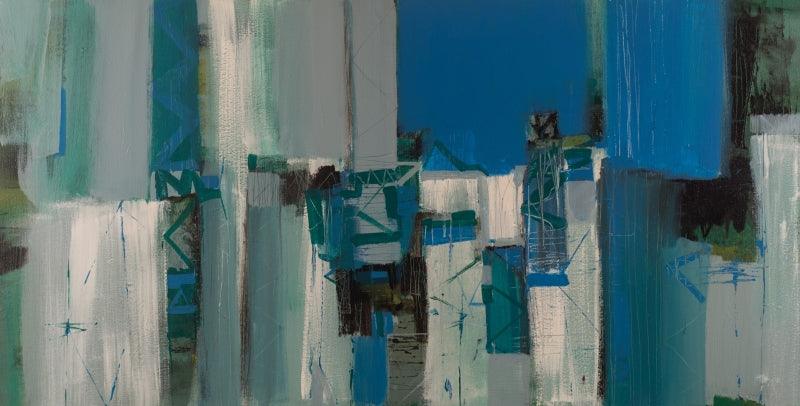 Abstract acrylic painting titled 'Untitled 4', 24x48 inches, by artist Satendra Mhatre on Canvas